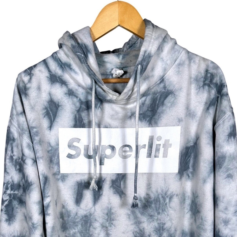 Superlit Tie Dye Hoodie Sweatshirt Pullover Gray White "Superlit" Logo Size L - Picture 3 of 8